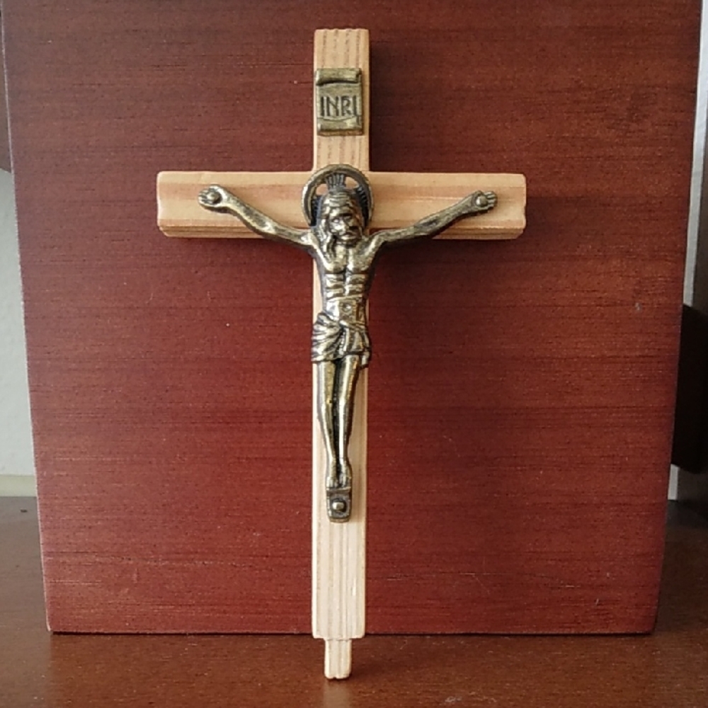 Vintage Wood and Brass Crucifix Jesus Cross